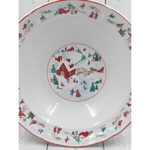 White Christmas Veggie Bowl Farberware Red Barn Kids Skating Sleighride Snowman